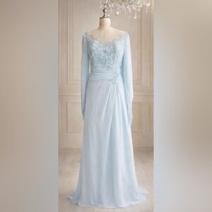 Light Blue Beaded Chiffon Cape Sleeve Gown Size 16 Prom, Formal, MOB